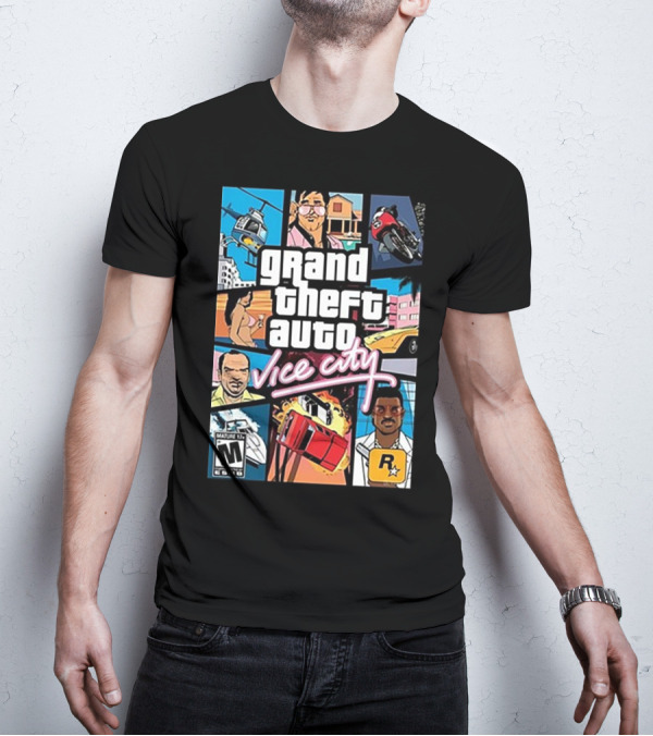 Grand Theft Auto Vice City Game Cover Art Helicopter Motorcycle Car Explosion R Star Logo T-Shirt