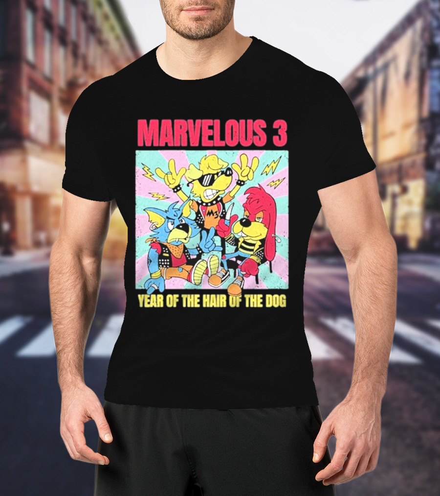 Marvelous 3 Year Of The Hair Of The Dog Cartoon Dogs With Punk Outfits And Sunglasses T-Shirt