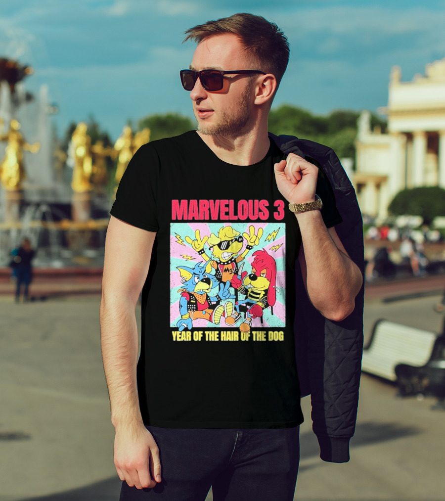 Marvelous 3 Year Of The Hair Of The Dog Cartoon Dogs With Punk Outfits And Sunglasses T-Shirt