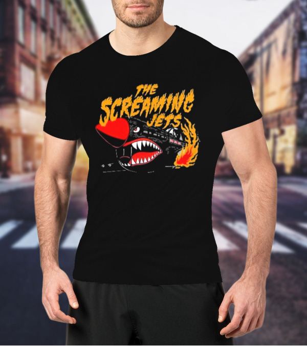 The Screaming Jets Flaming Jet With Fiery Cartoon Jet Fighter T-Shirt
