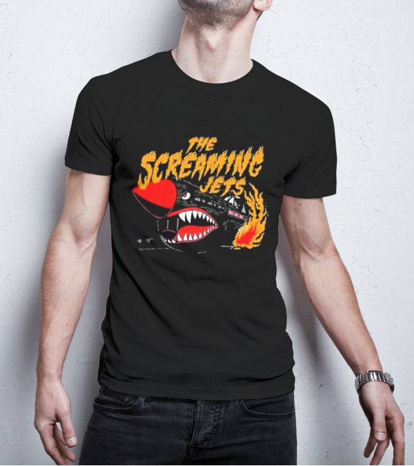 The Screaming Jets Flaming Jet With Fiery Cartoon Jet Fighter T-Shirt