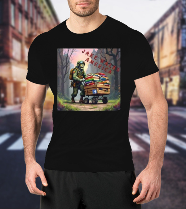 Zombie Soldier Pushing Book Cart Jake Walks America T-Shirt