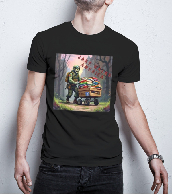 Zombie Soldier Pushing Book Cart Jake Walks America T-Shirt