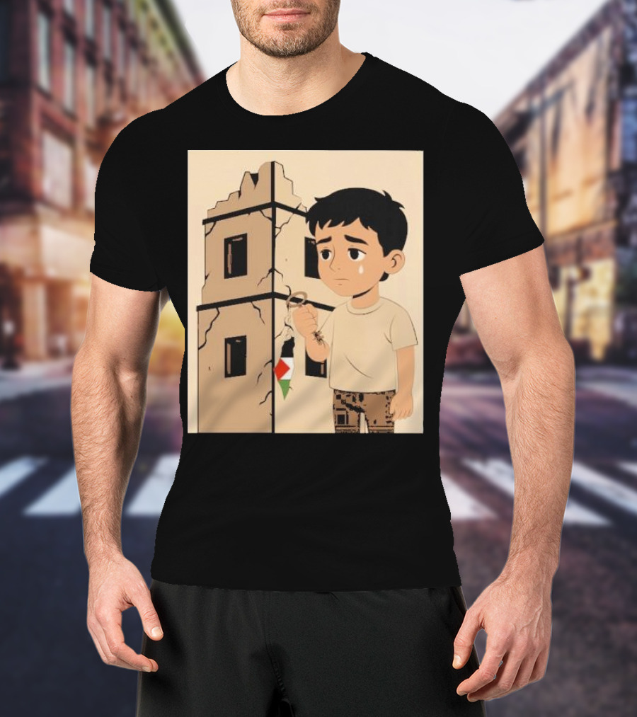 They Are Without Homes Boy Holding Key In Front Of Crumbling Building Palestinian Flag T-Shirt