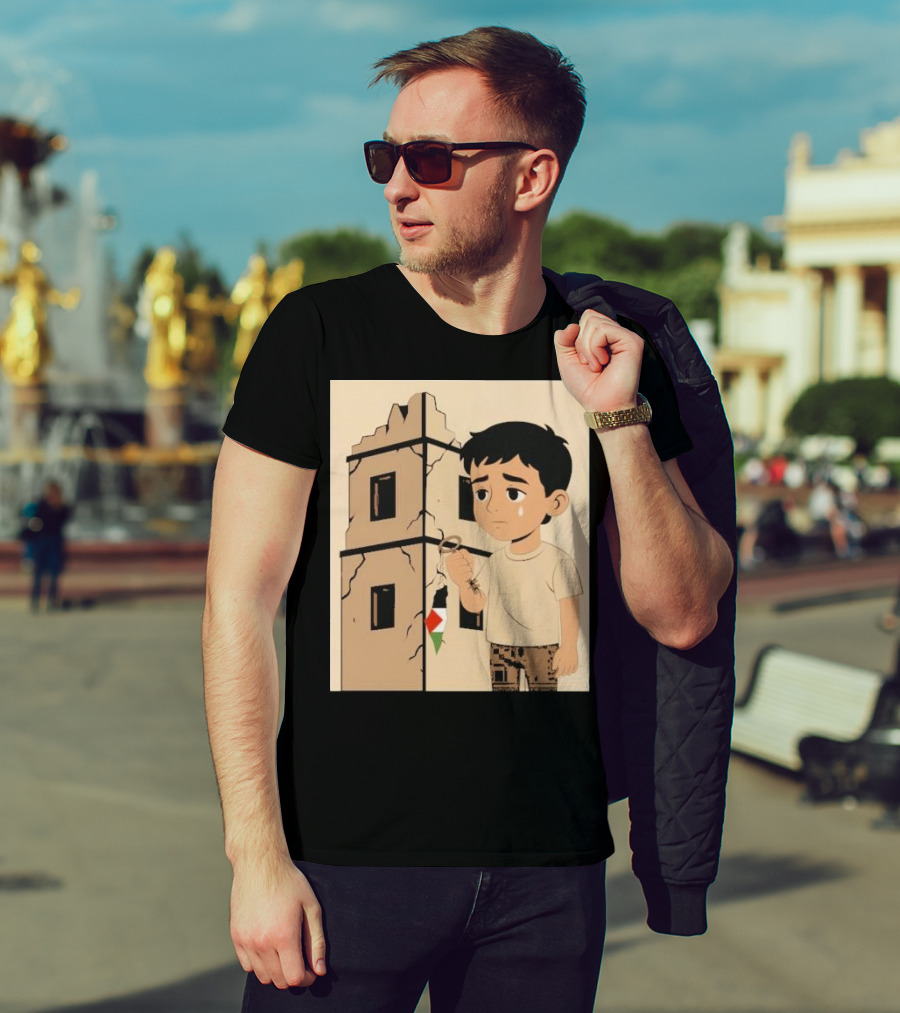 They Are Without Homes Boy Holding Key In Front Of Crumbling Building Palestinian Flag T-Shirt
