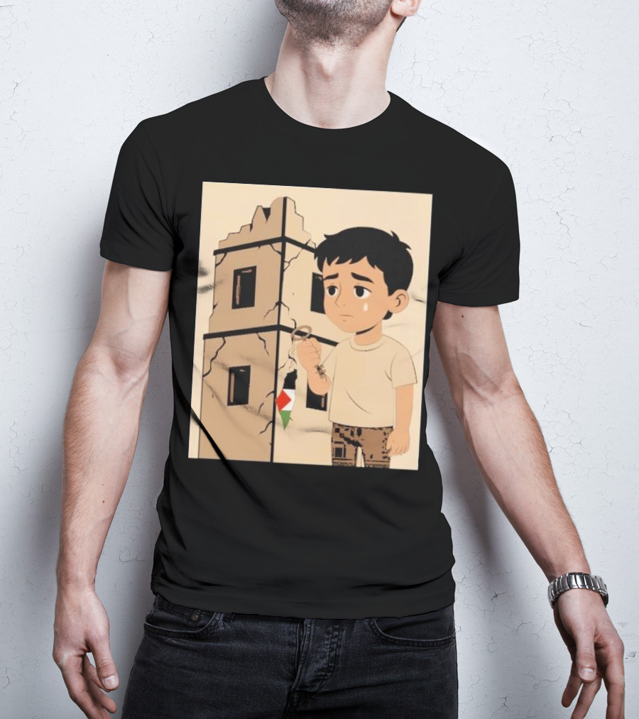 They Are Without Homes Boy Holding Key In Front Of Crumbling Building Palestinian Flag T-Shirt