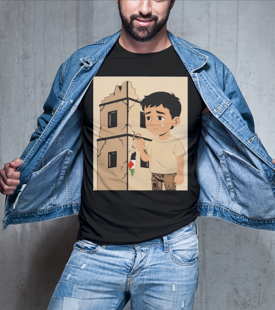 They Are Without Homes Boy Holding Key In Front Of Crumbling Building Palestinian Flag T-Shirt