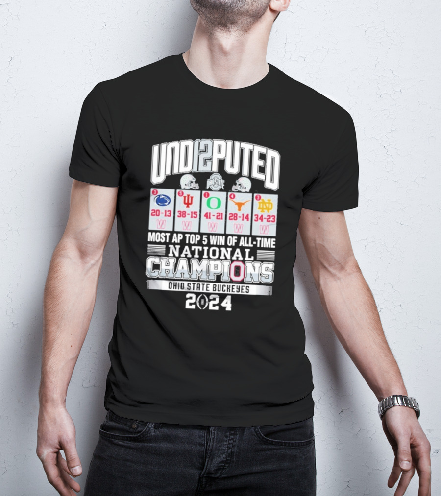 UND12PUTED Ohio State Buckeyes 2024 National Champions Most AP Top 5 Win Of All-Time T-Shirt