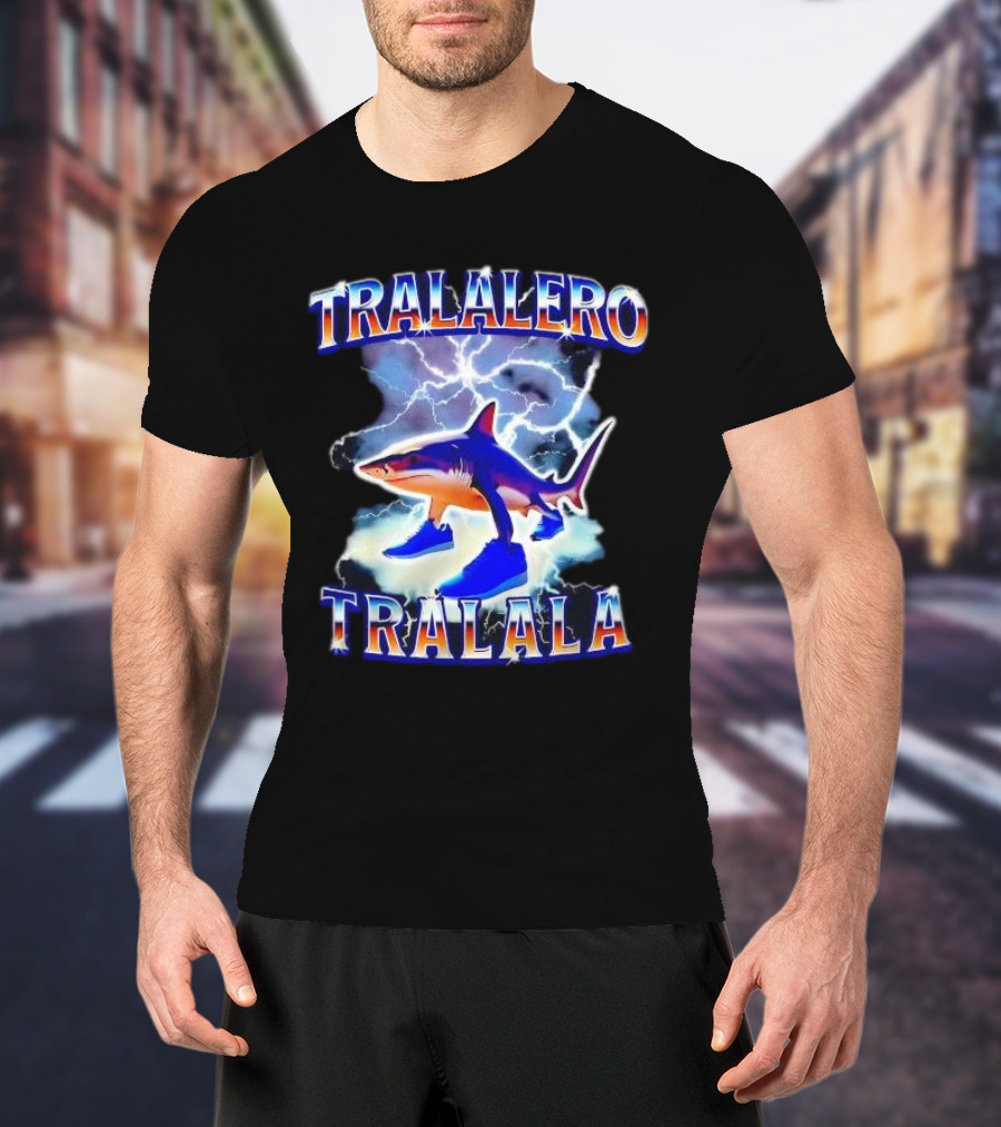 TRALALERO TRALALA Shark With Sneakers Lightning Background T-Shirt