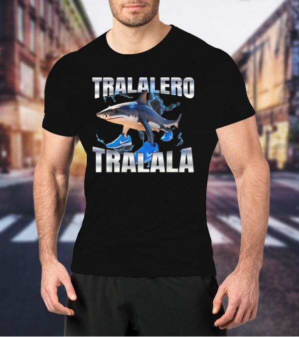 Tralalero Tralala Shark Wearing Blue Nike Shoes With Lightning T-Shirt