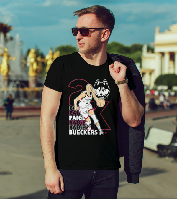 UConn Basketball Paige Bueckers 2K Athlete Silhouette And Husky Mascot T-Shirt