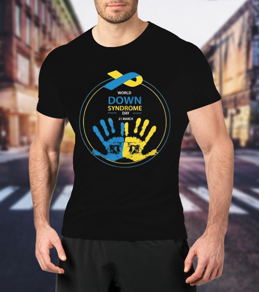 World Down Syndrome Day 21 March Blue Yellow Handprint Ribbon T-Shirt