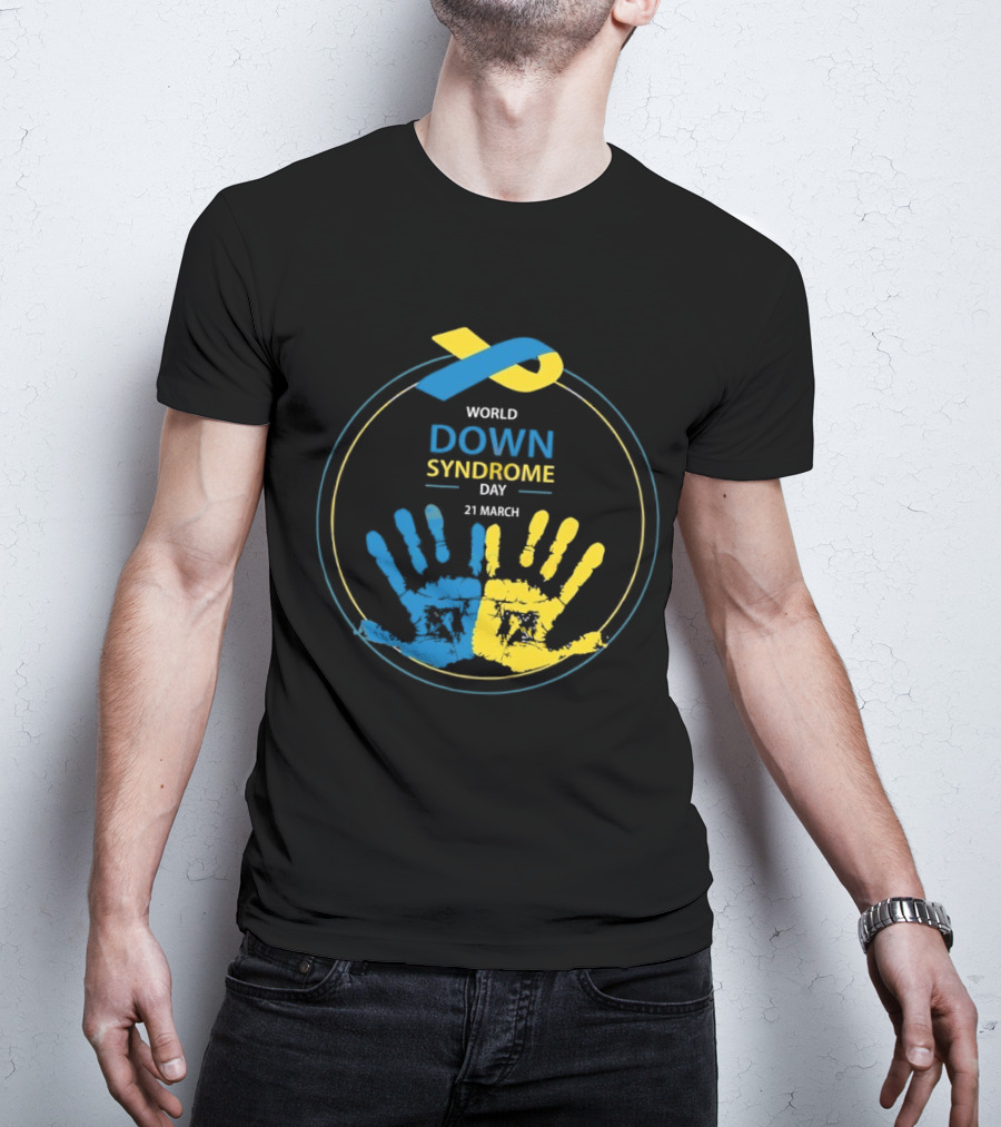 World Down Syndrome Day 21 March Blue Yellow Handprint Ribbon T-Shirt