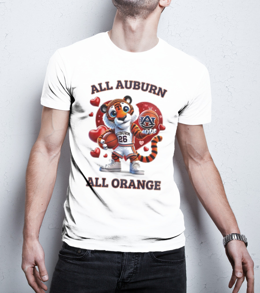 All Auburn All Orange Auburn Tigers Basketball Mascot Hearts T-Shirt