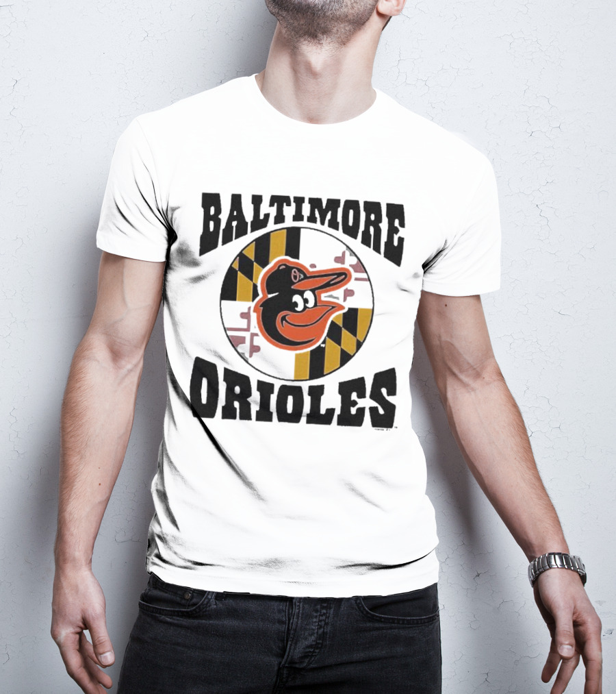 Baltimore Orioles Homage Hyper Local Tri-Blend Bird And Maryland Flag T-Shirt