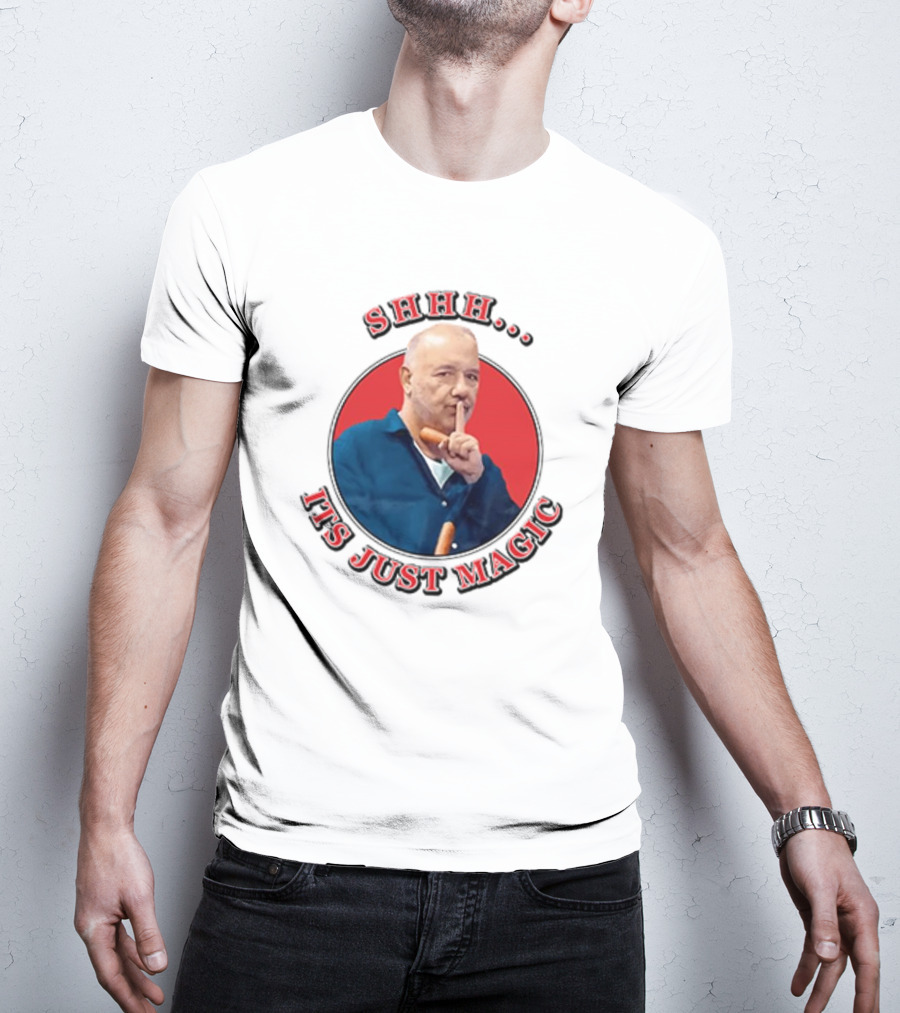 Bob Mortimer Shhh It's Just Magic Finger Gesture Silence Humor T-Shirt