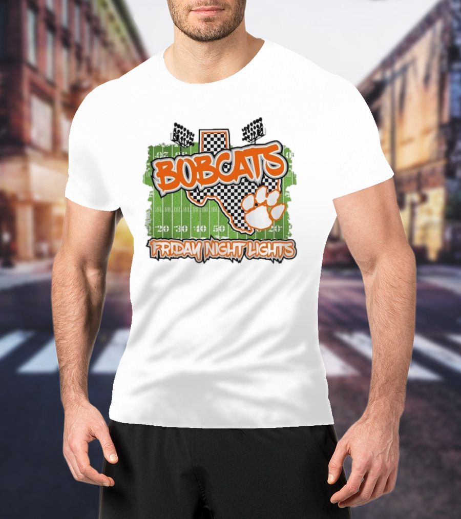 Bobcats Friday Night Lights Texas Football Paw Print Field Checkerboard T-Shirt