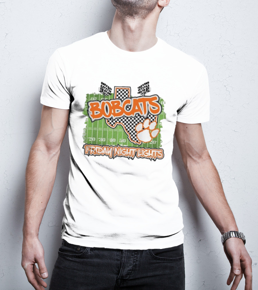 Bobcats Friday Night Lights Texas Football Paw Print Field Checkerboard T-Shirt