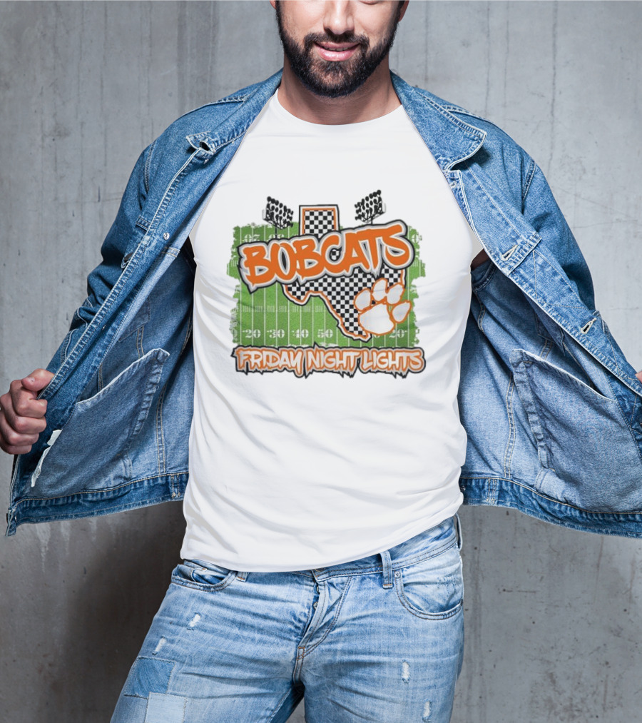Bobcats Friday Night Lights Texas Football Paw Print Field Checkerboard T-Shirt