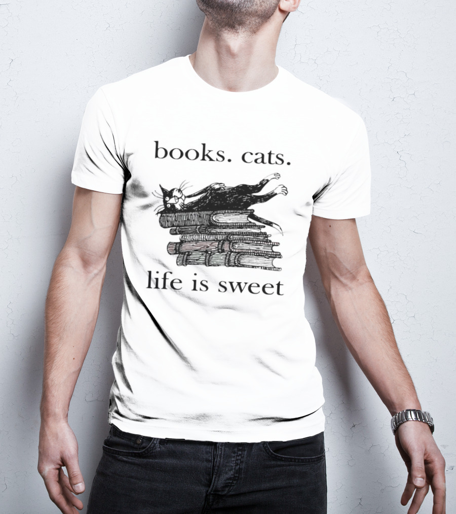 Books Cats Life Is Sweet Relaxing Cat On Stacked Books With Coffee Cup T-Shirt