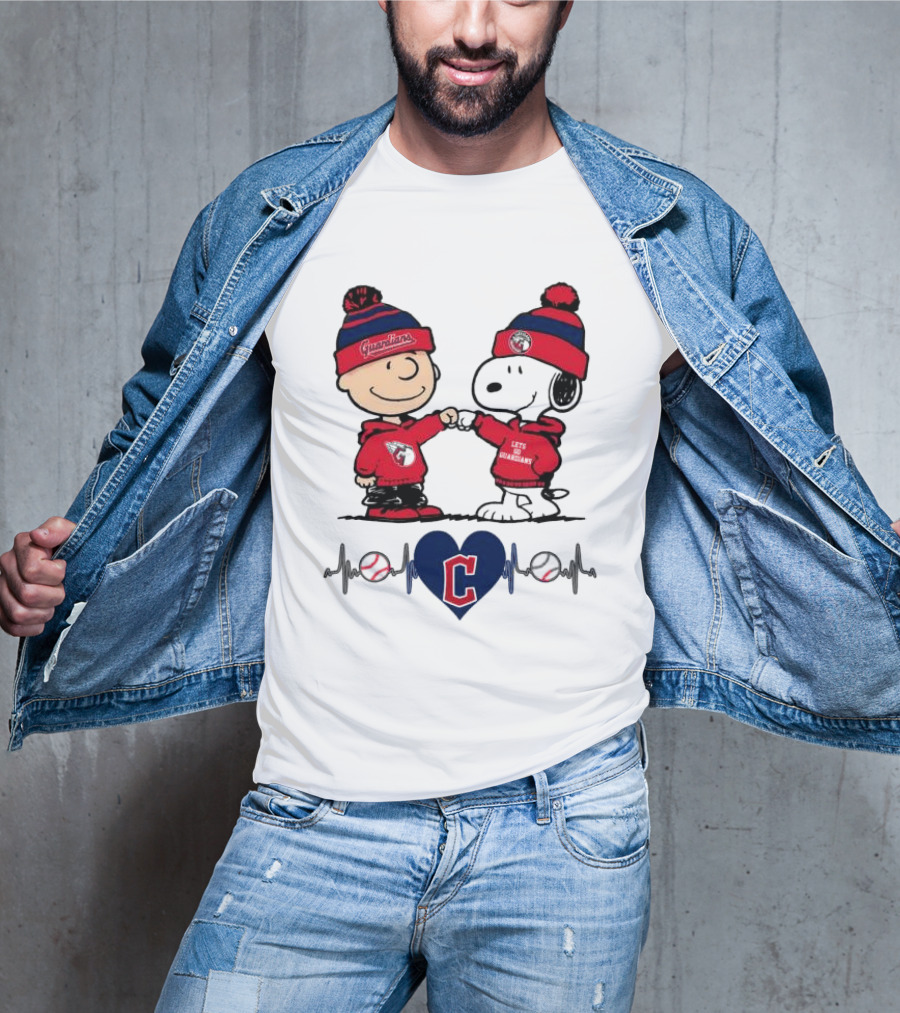 Charlie Brown Snoopy Cleveland Guardians Heartbeat Guardians Cap And T-Shirt