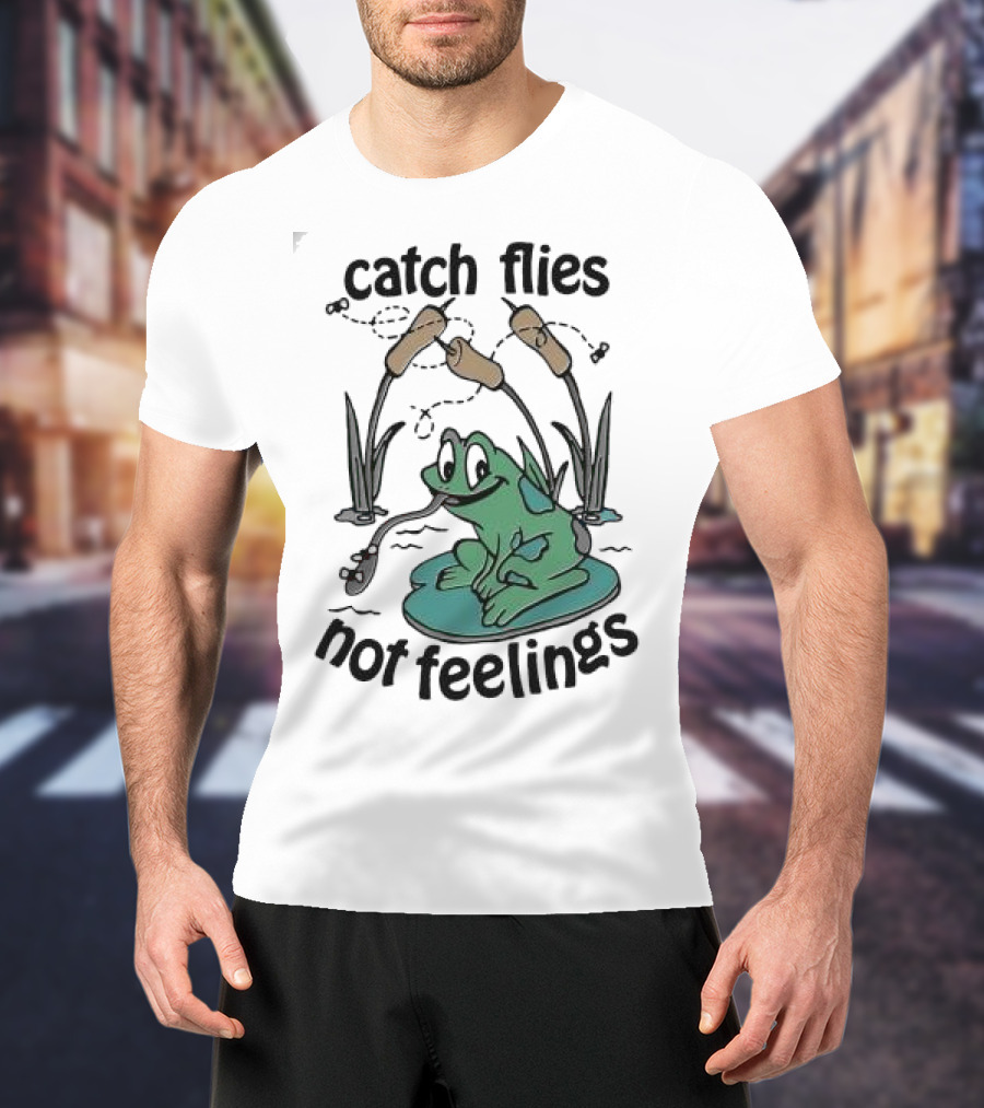 Catch Flies Not Feelings Frog On Lily Pad With Swirling Flies T-Shirt