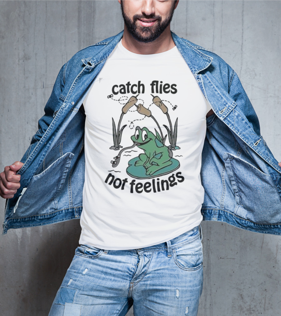 Catch Flies Not Feelings Frog On Lily Pad With Swirling Flies T-Shirt