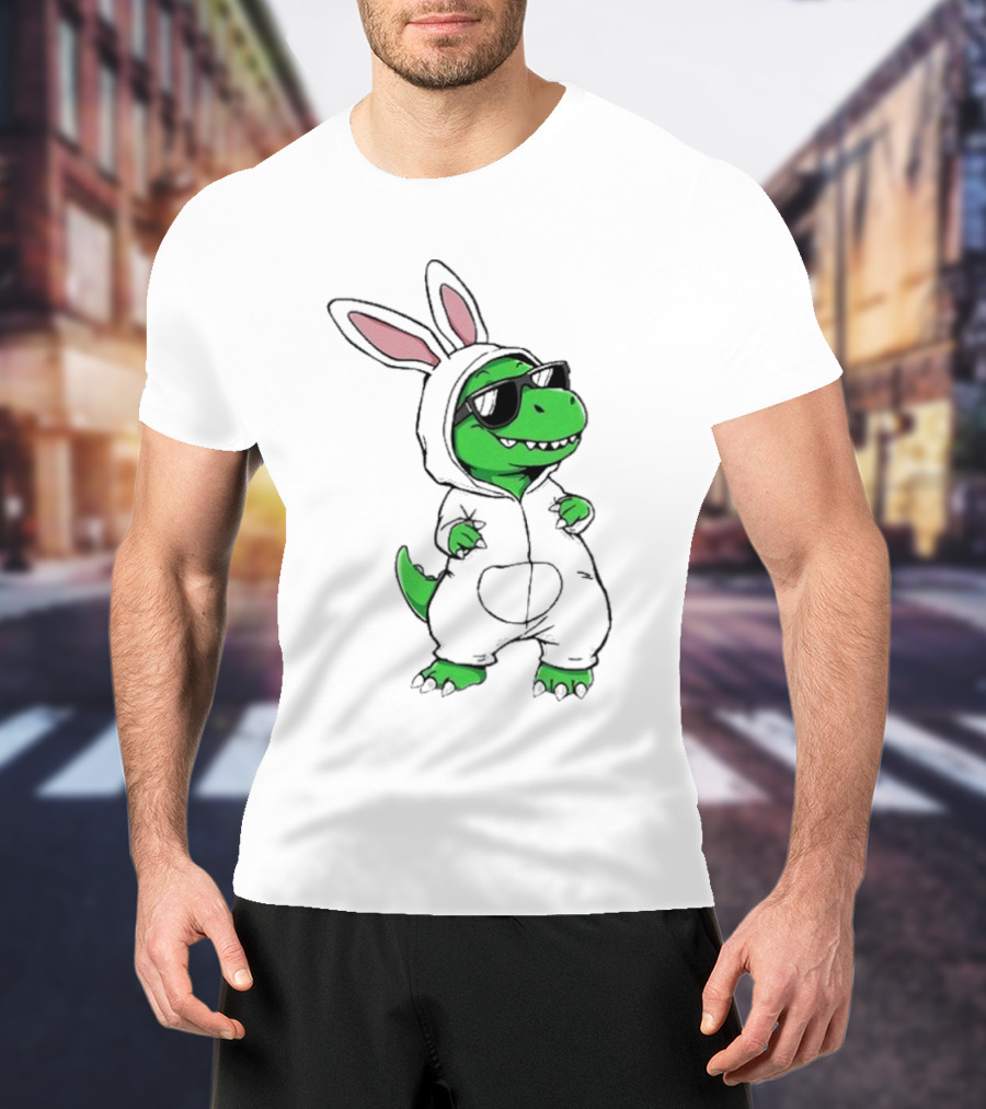 Cool Dino Wearing Easter Bunny Rabbit Costume With Sunglasses T-Shirt