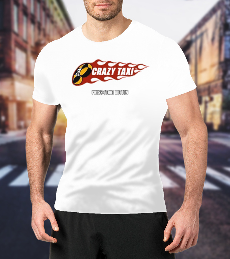 Crazy Taxi Press Start Button Iconic Video Game Flames Graphic T-Shirt
