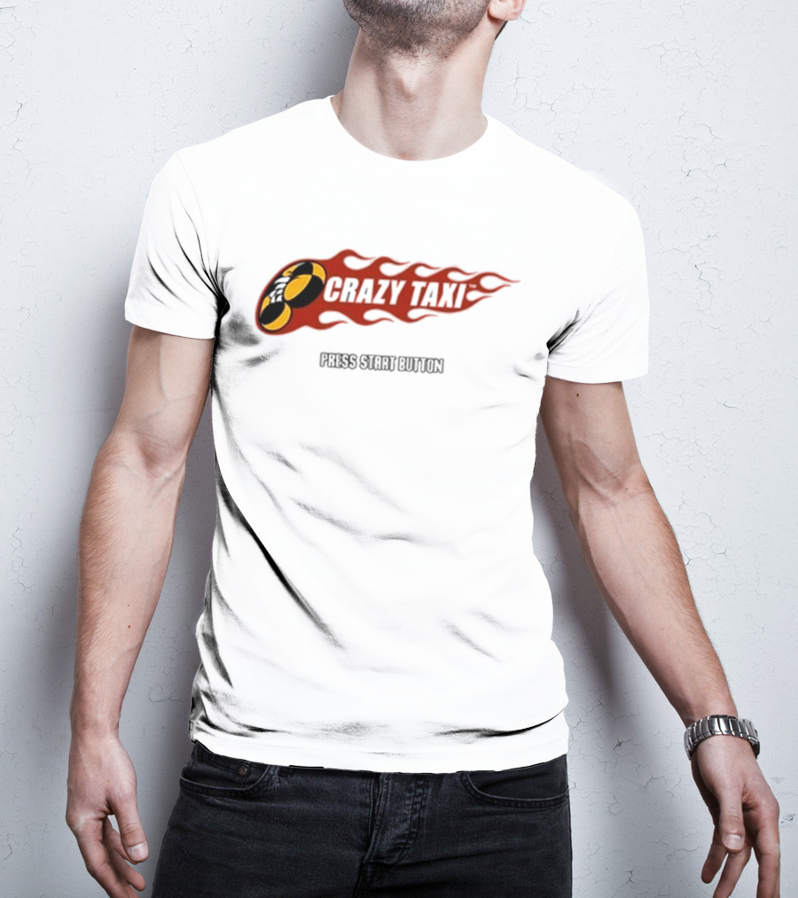 Crazy Taxi Press Start Button Iconic Video Game Flames Graphic T-Shirt