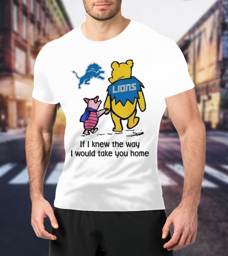 Detroit Lions Winnie The Pooh Piglet Walking Holding Hands T-Shirt