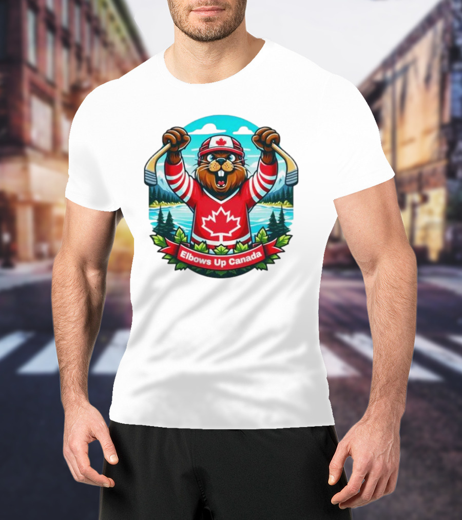 Elbows Up Canada Beaver Mascot Hockey Celebration Canadian Maple Leaf Forest T-Shirt