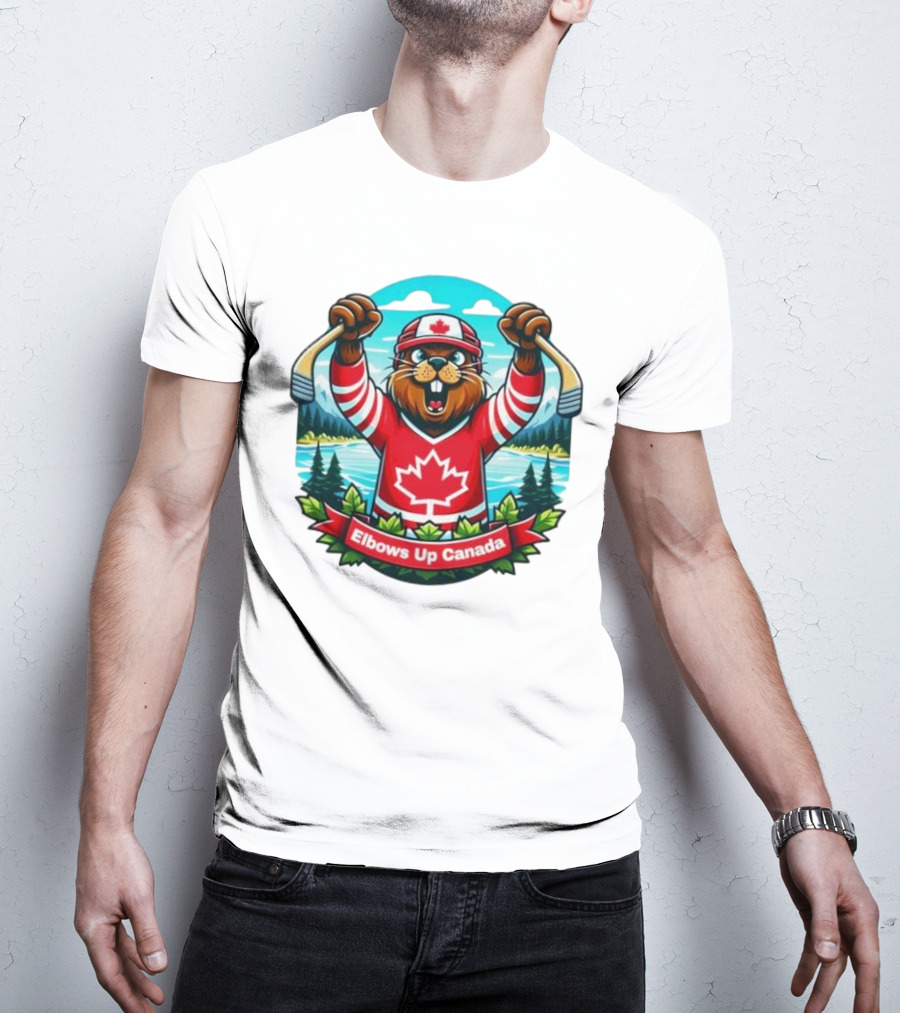 Elbows Up Canada Beaver Mascot Hockey Celebration Canadian Maple Leaf Forest T-Shirt