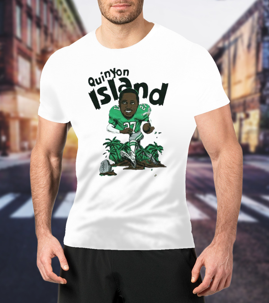 Quinyon Island Eagle 27 Football Player Running With Palm Trees And Rocks T-Shirt