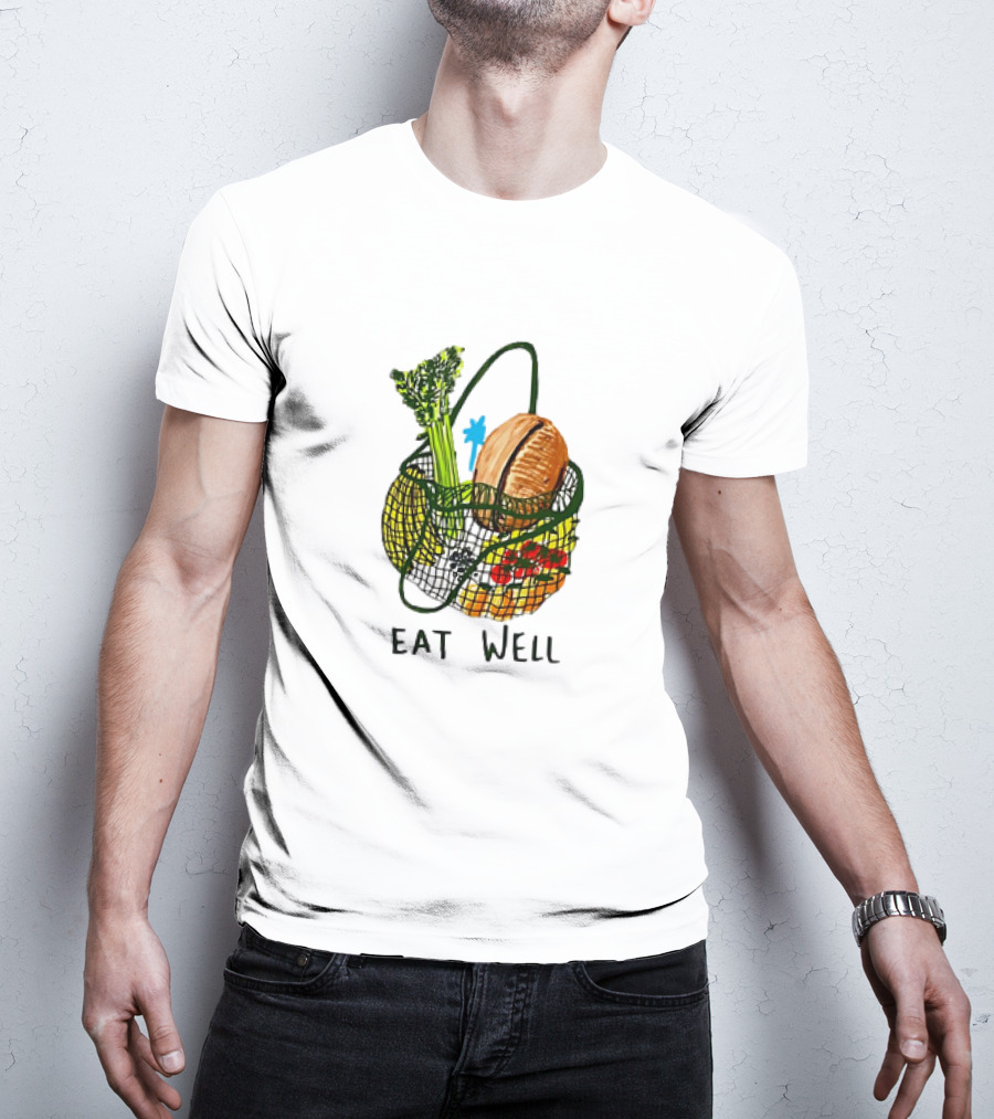 Eat Well Groceries In Mesh Bag With Baguette Broccoli Tomato T-Shirt