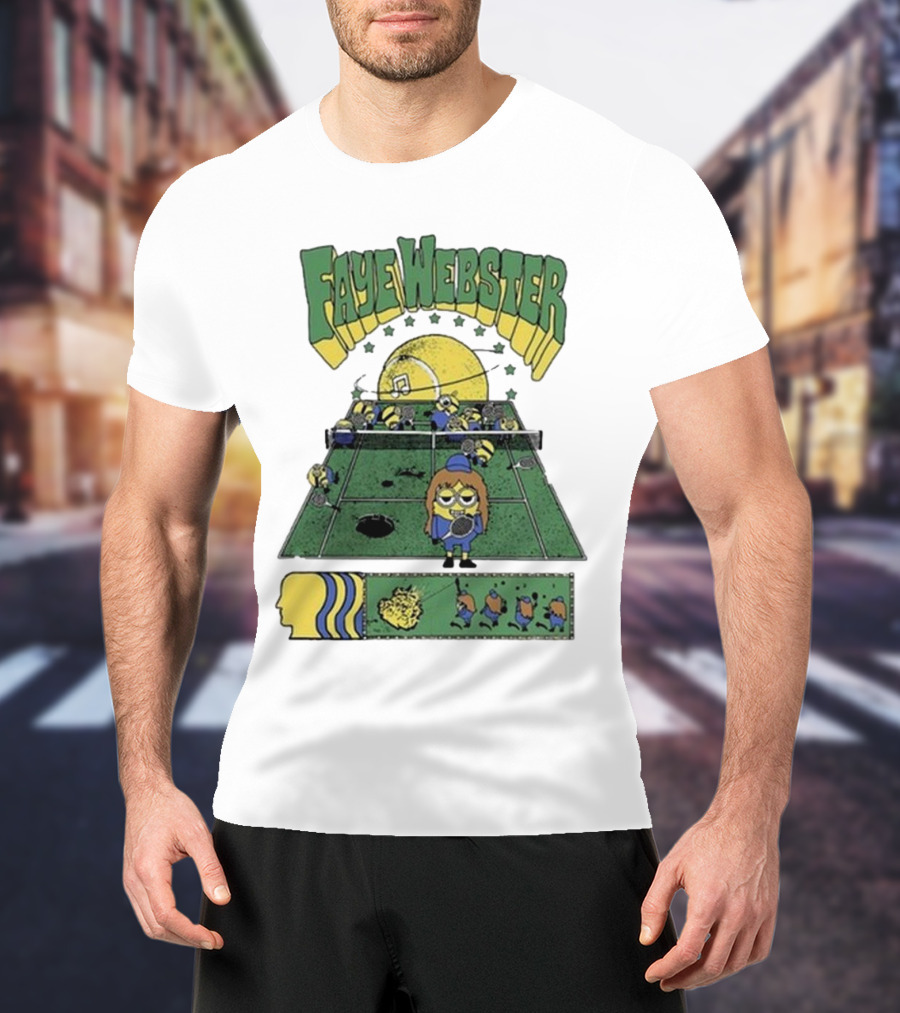 Faye Webster Brain Dead Tennis Court Scene With Yellow Characters And Sports Imagery T-Shirt