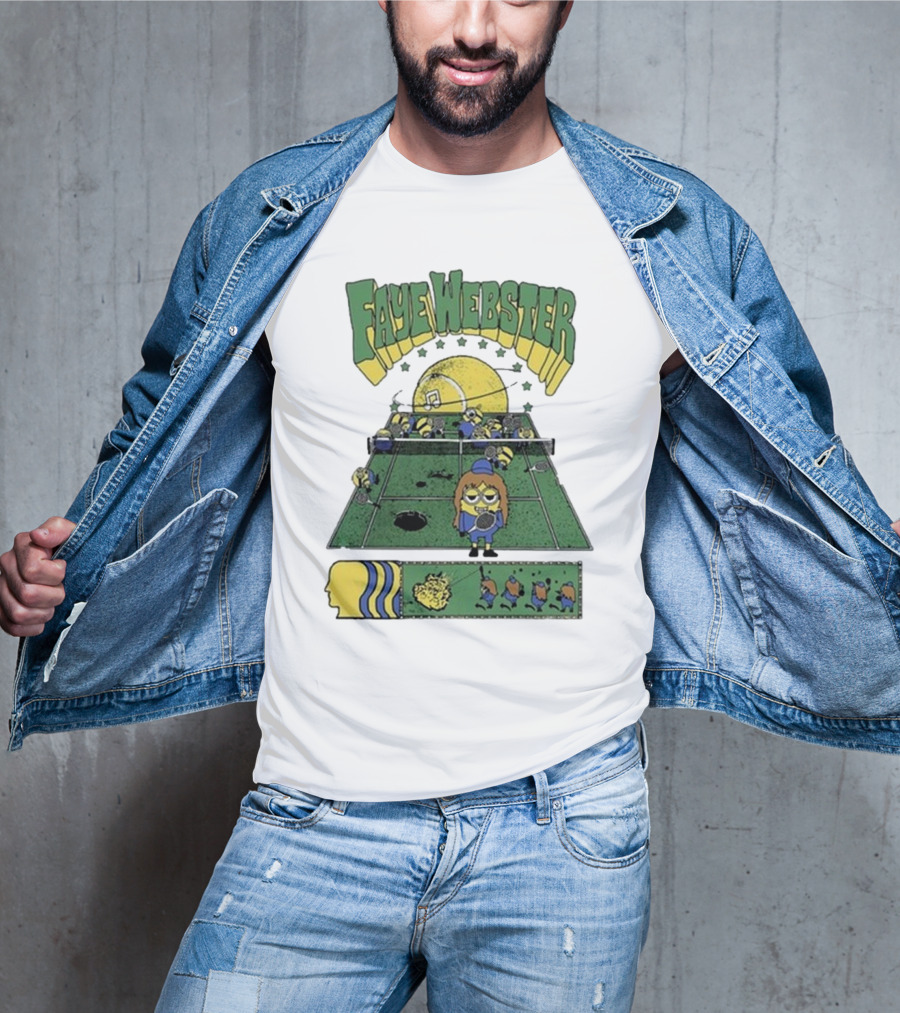Faye Webster Brain Dead Tennis Court Scene With Yellow Characters And Sports Imagery T-Shirt