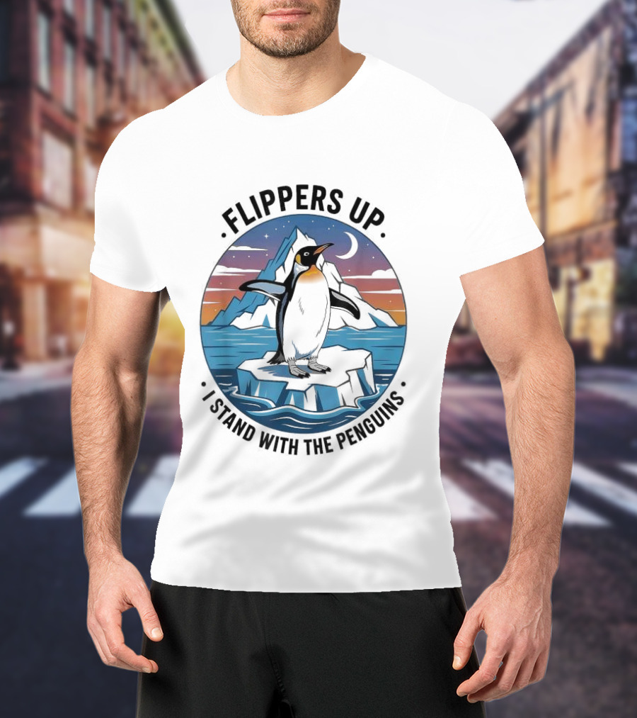 Flippers Up I Stand With The Penguins Iceberg Sunset Scene T-Shirt