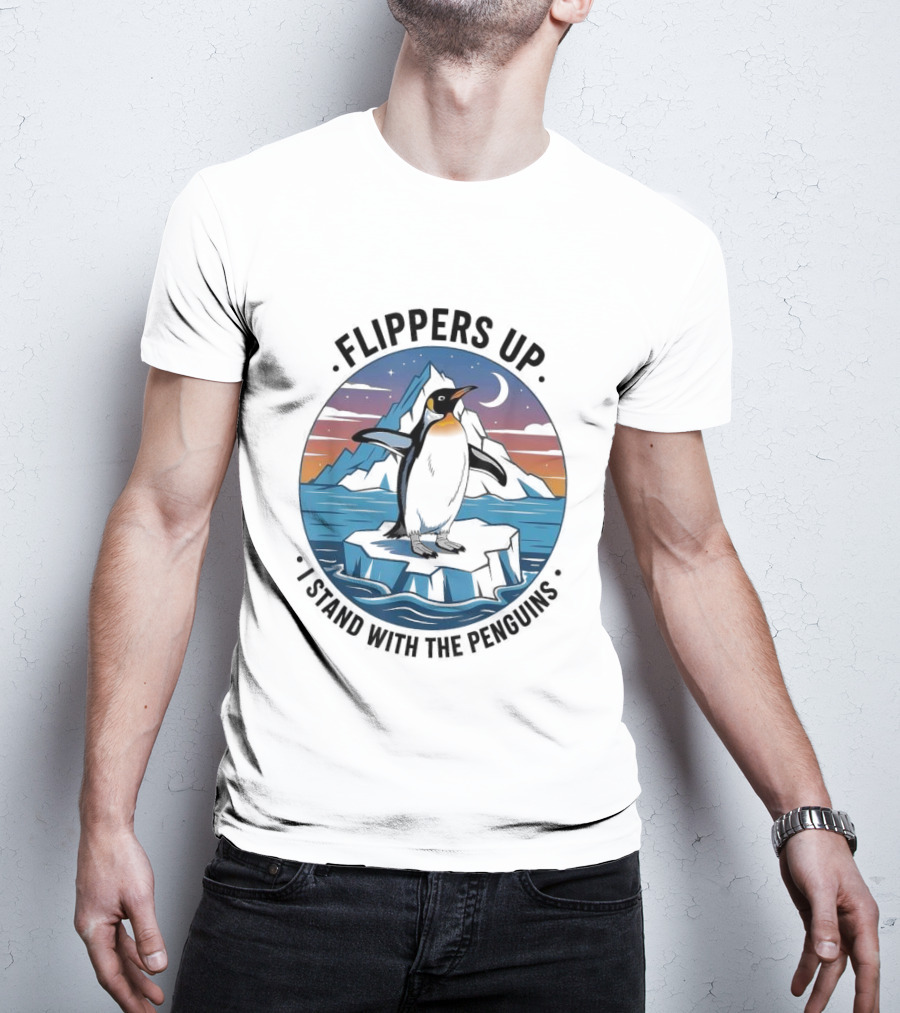 Flippers Up I Stand With The Penguins Iceberg Sunset Scene T-Shirt