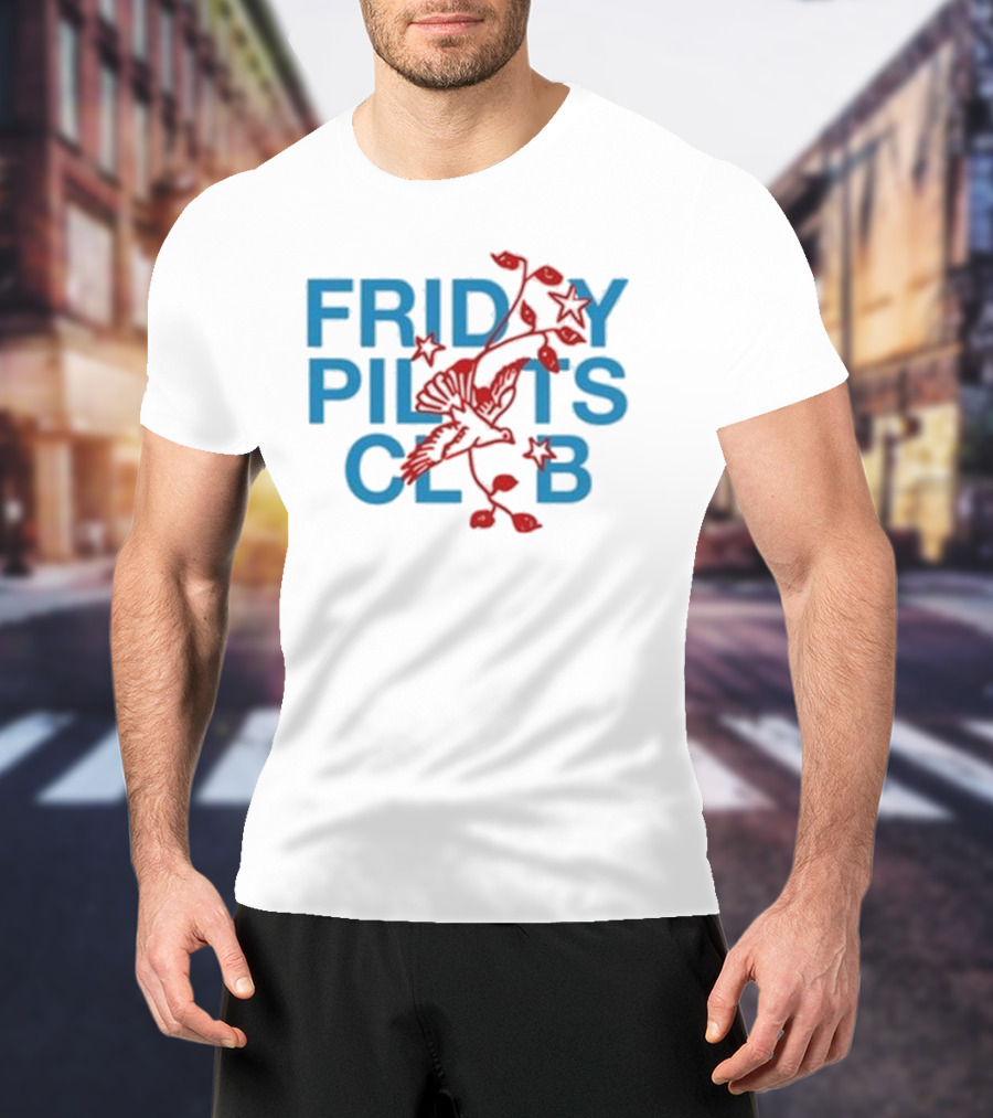 Friday Pilots Club Dove Red Bird Flowers Blue Text T-Shirt