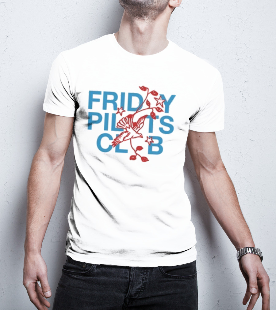 Friday Pilots Club Dove Red Bird Flowers Blue Text T-Shirt