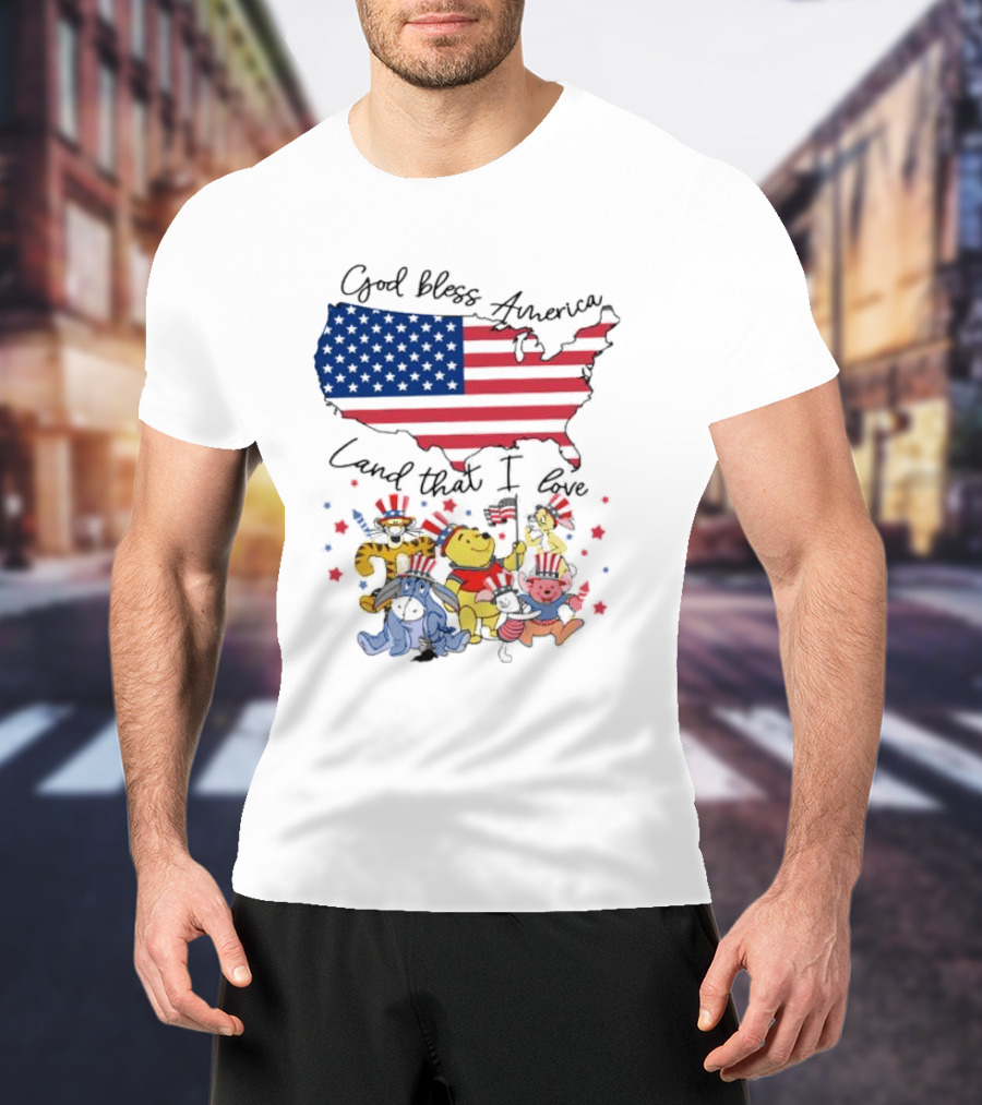 God Bless America Land That I Love Winnie The Pooh USA Flag T-Shirt