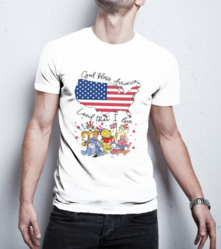 God Bless America Land That I Love Winnie The Pooh USA Flag T-Shirt