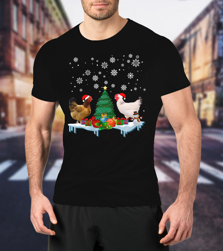 Chicken Merry Christmas Snowflake Festive Scene T-Shirt