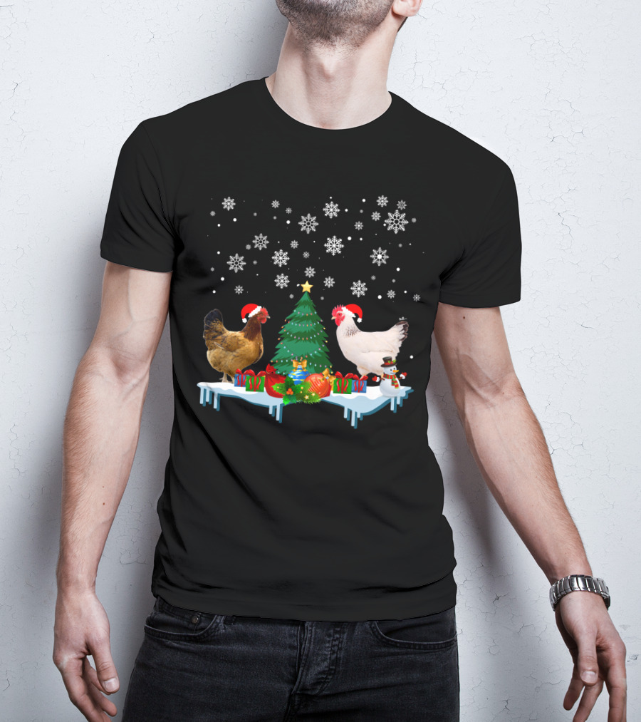 Chicken Merry Christmas Snowflake Festive Scene T-Shirt