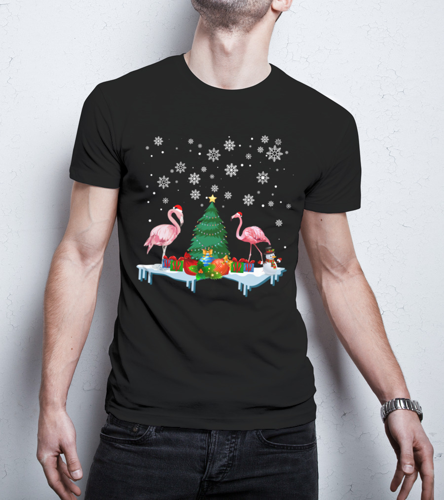Flamingo Merry Snowflakes Christmas Tree And Santa Hat T-Shirt