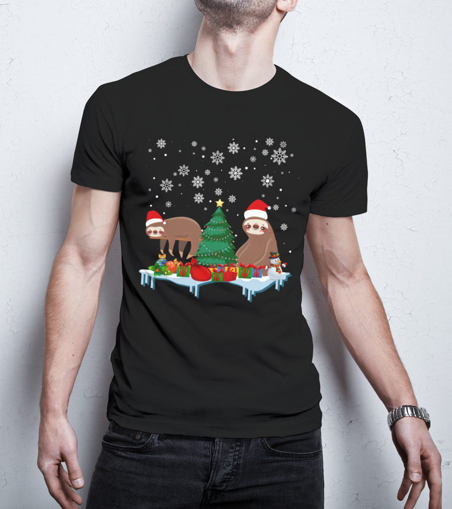 Sloth Merry Christmas Snowflakes Santa Hat Gifts Tree T-Shirt