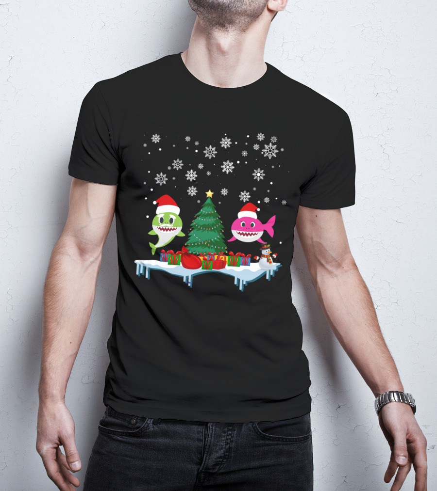 Baby Shark Merry Christmas Tree Snowflakes Santa Hats Gifts T-Shirt