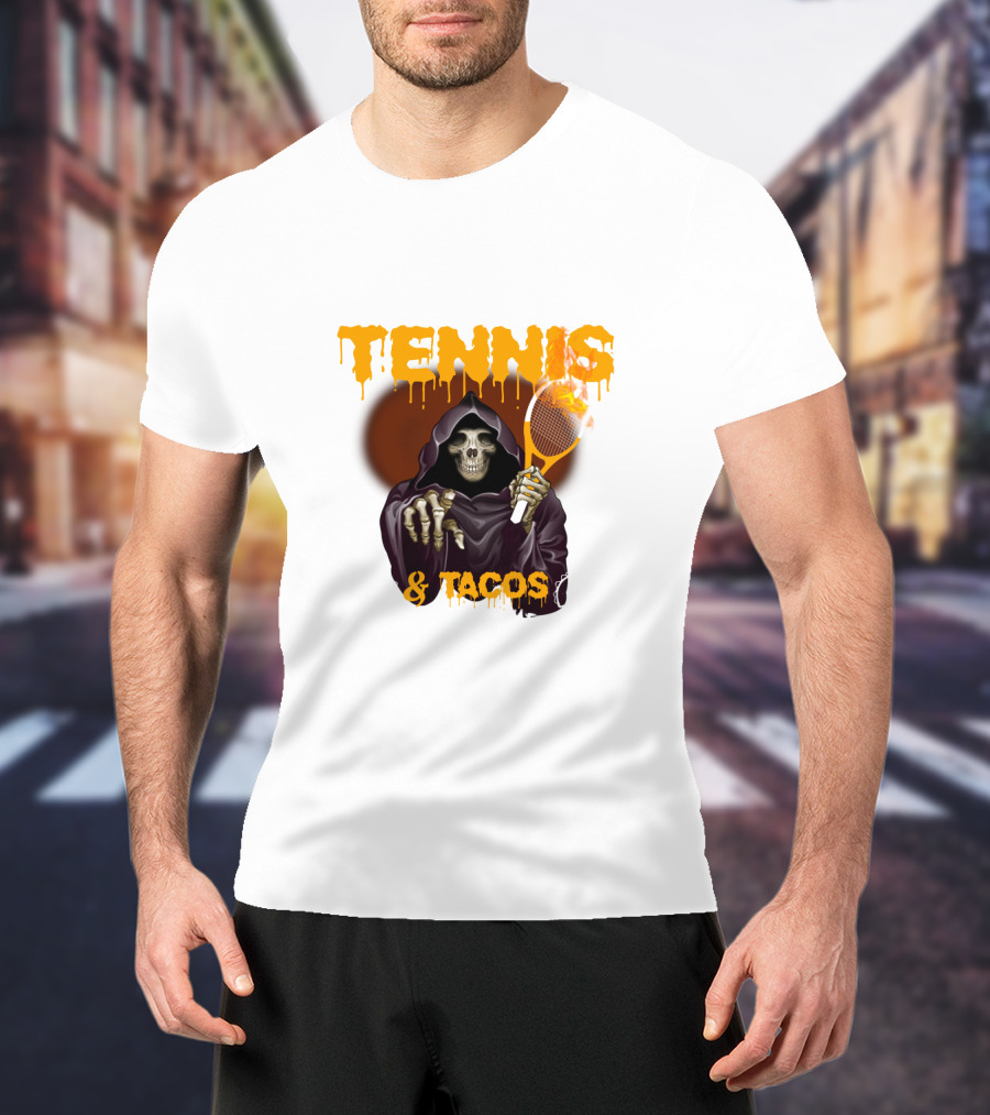 Tennis And Tacos Grim Reaper With Tennis Racket T-Shirt