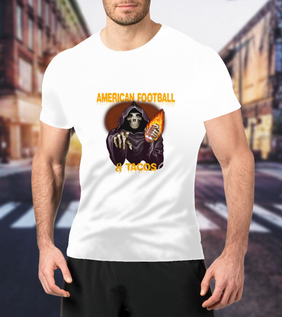 American Football And Tacos Skeleton Holding Flaming Football T-Shirt